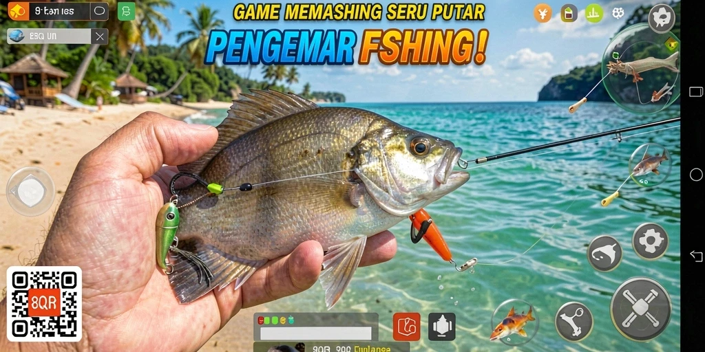 Screenshot gameplay 8QR menampilkan aksi memancing seru dengan pemandangan alam yang memukau.