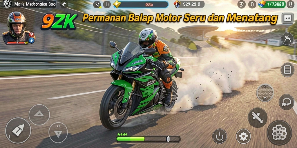 Screenshot gameplay 9ZK menampilkan balapan motor yang mendebarkan.