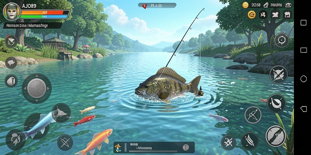 Screenshot AJO89 menampilkan gameplay memancing yang seru dan menawan.