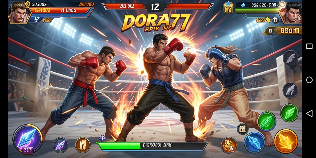 Screenshot gameplay DORA77 menunjukkan pertarungan seru antar karakter.