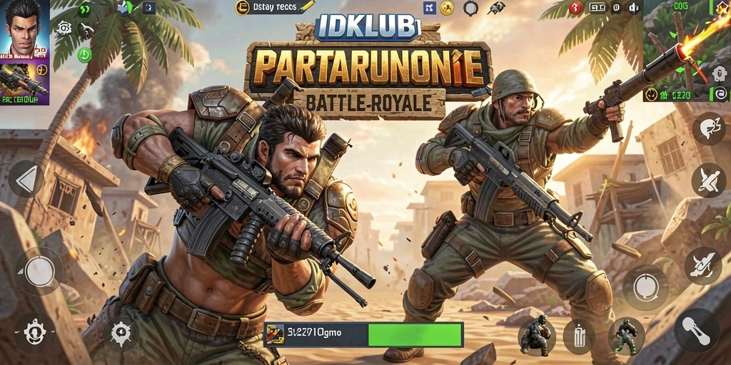 Tangkapan layar utama IDKLUB menampilkan aksi pertempuran intens dalam game Battle Royale.
