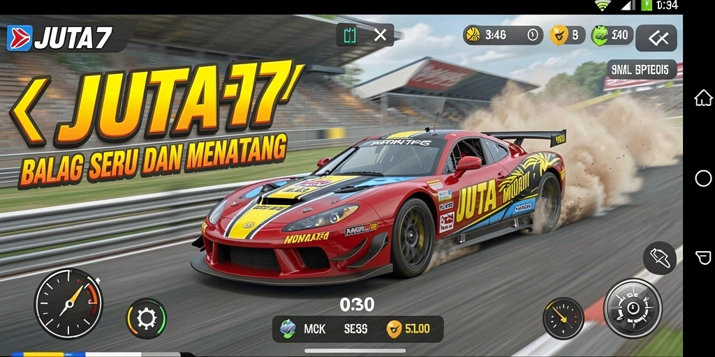Screenshot utama JUTA7 menampilkan aksi balapan yang mendebarkan.