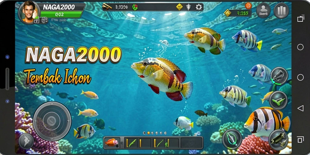 Screenshot utama NAGA2000 menampilkan aksi menembak ikan.