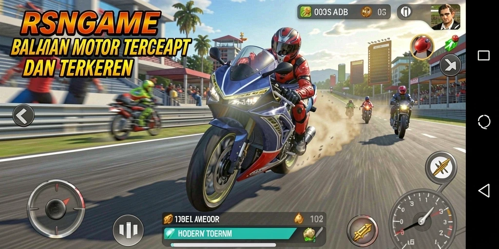 Screenshot gameplay RSNGAME dengan balapan motor yang intens dan menegangkan.